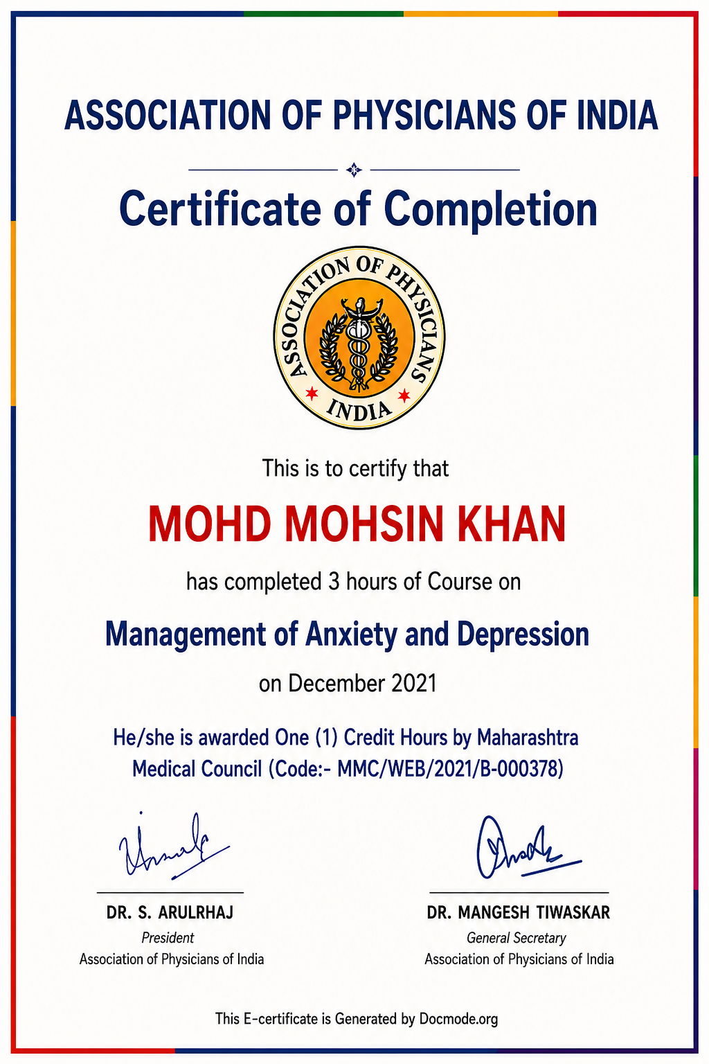 Association of Physicians of India certificate